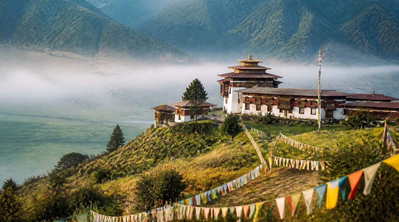 Bhutan monastery overlooking a misty green valley with prayer flags in the foreground