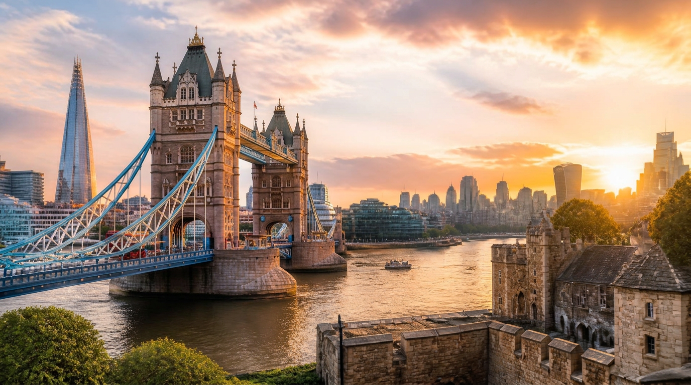 London skyline at golden hour with Tower Bridge and the River Thames