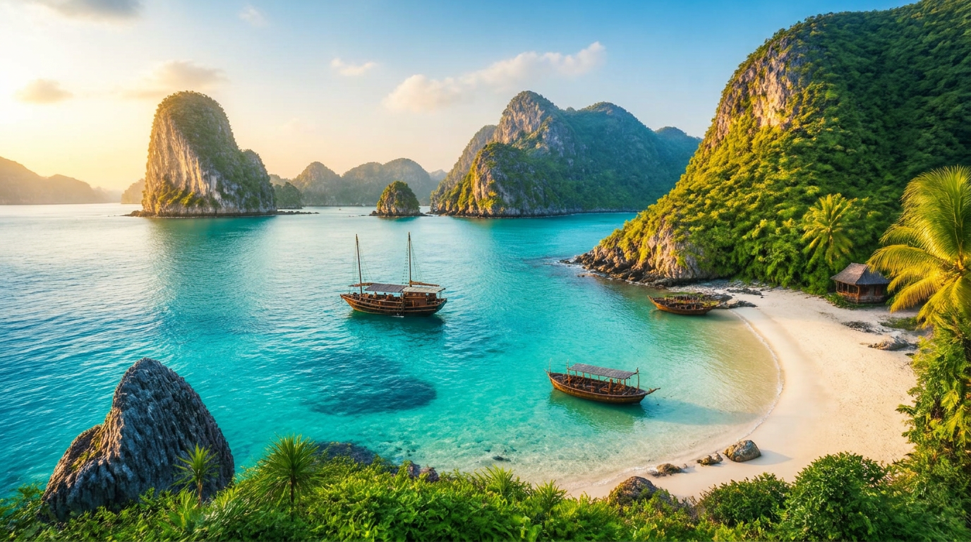 Secluded Vietnam beach with limestone karsts, turquoise water, and traditional wooden boats